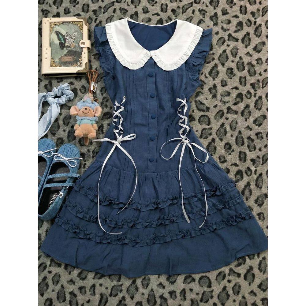 软蓝甜心 春夏新款甜美风复古娃娃领设计感vintage无袖连衣蛋糕裙