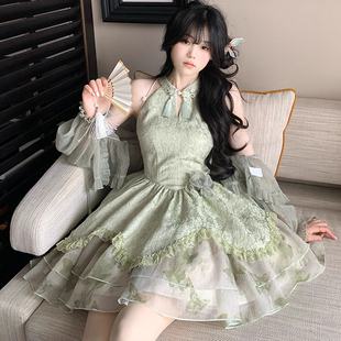 女夏 新中式 国风高级感显瘦无袖 挂脖露肩旗袍连衣裙子开衫 两件套装