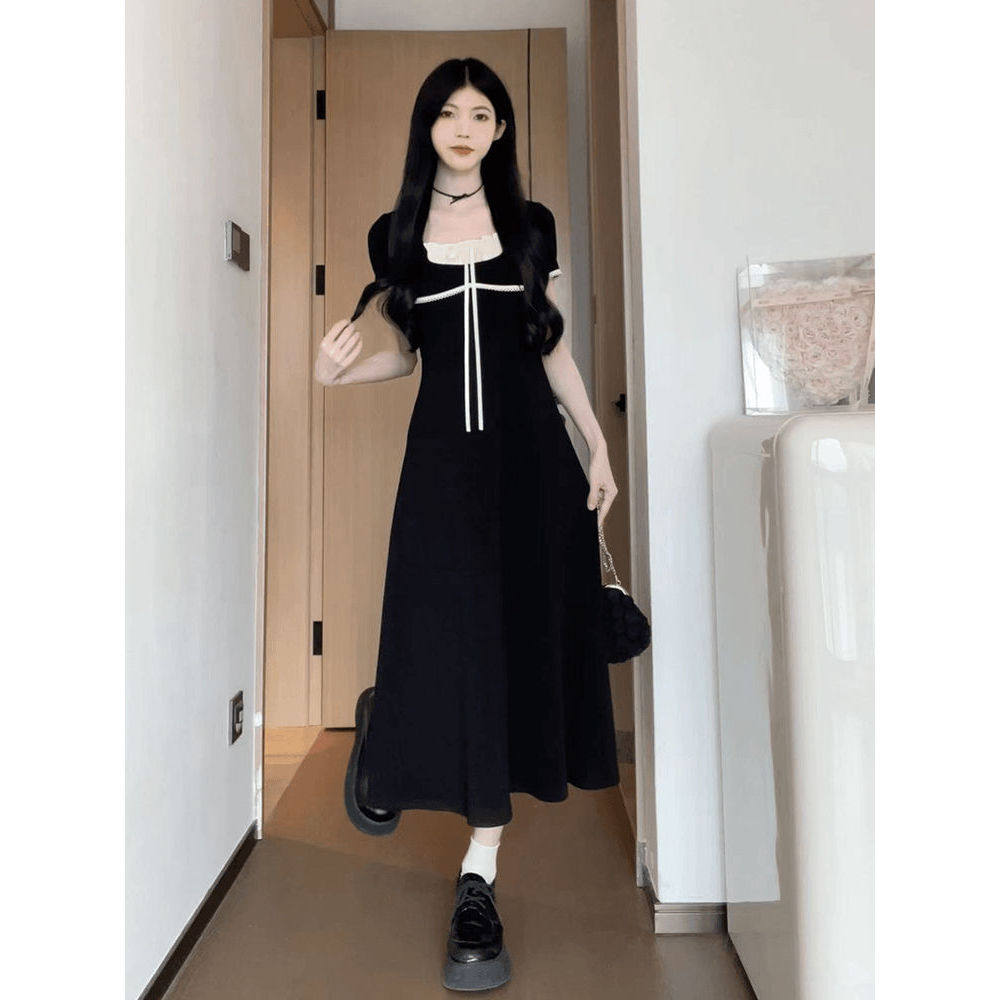 夏季新款法式甜美风设计感撞色花边收腰短袖裙A字连衣裙度假长裙