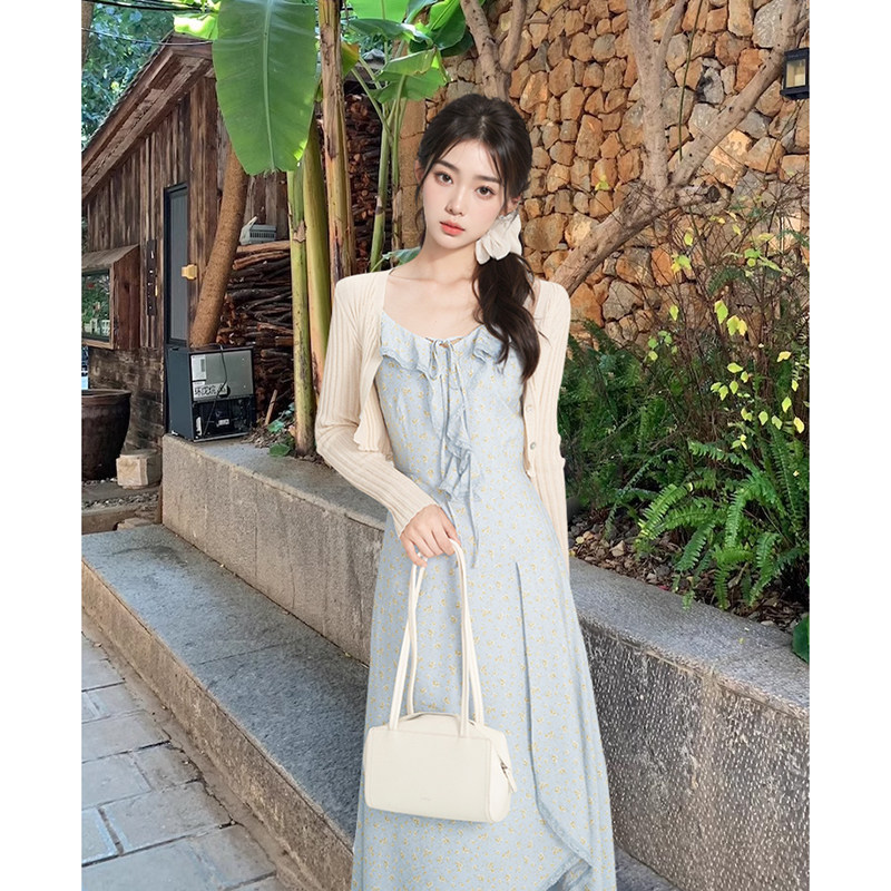 韩版甜美碎花吊带裙子套装高级感薄款开衫海边度假风连衣裙两件套
