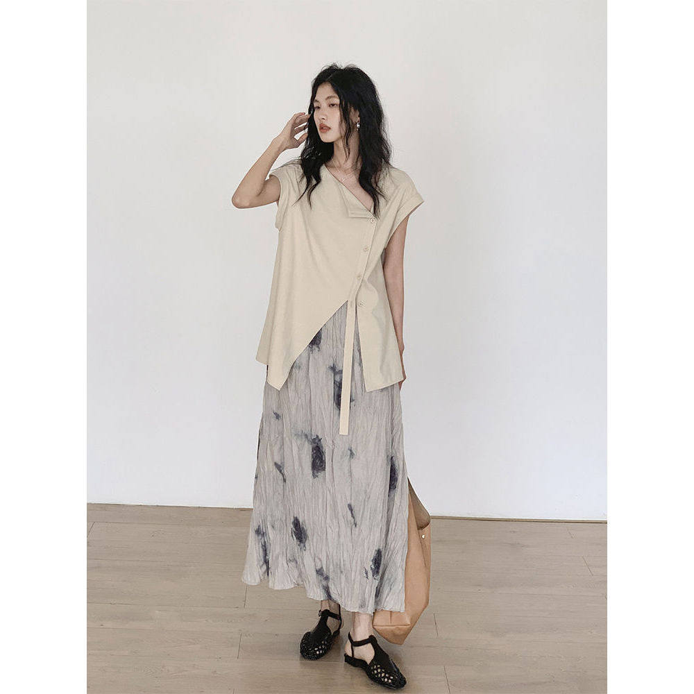 夏季新款设计感小众新中式套装女不规则上衣中式半身裙两件套