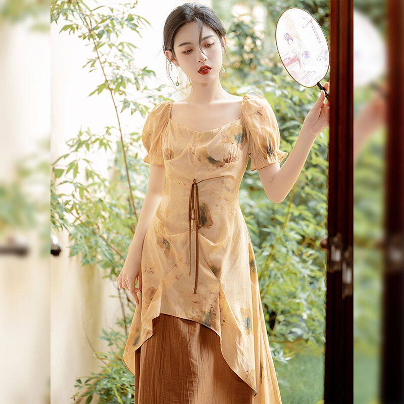 新中式改良女装连衣裙女夏中古裙汉元素方口领显瘦遮肉中长裙子