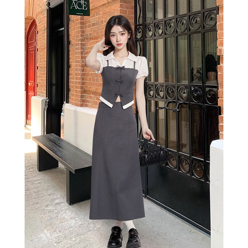 灰色撞色拼接蝴蝶结假两件上衣+长款半身裙气质两件套装女夏