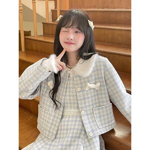 法式显瘦小香风蝴蝶结外套小飞袖连衣裙秋冬新款甜美时尚套装女
