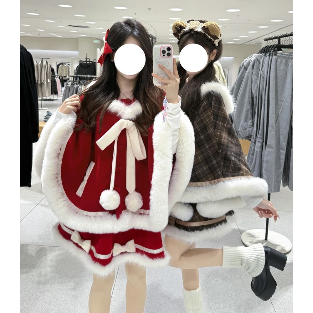 绒绒雪 秋冬可爱甜美毛边连帽斗篷少女纯欲蓬蓬短裙洋装圣诞套装