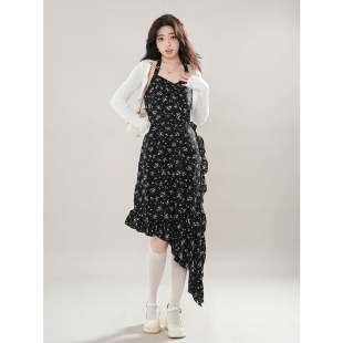 开衫 新款 黑色碎花吊带连衣裙 2024春季 气质淑女超仙法式 甜美套装