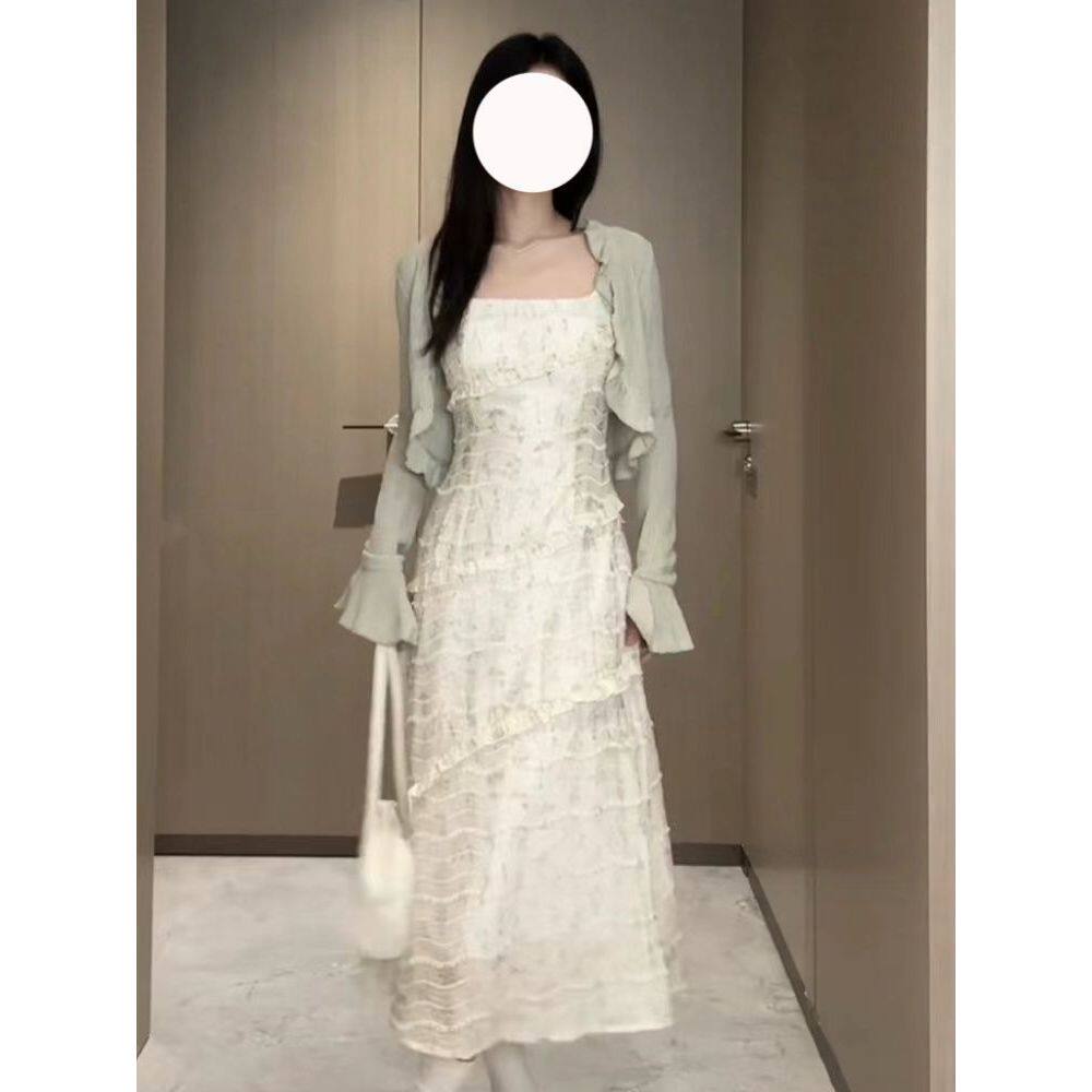 韩系甜美一字领收腰时尚气质显瘦法式碎花吊带裙+开衫套装