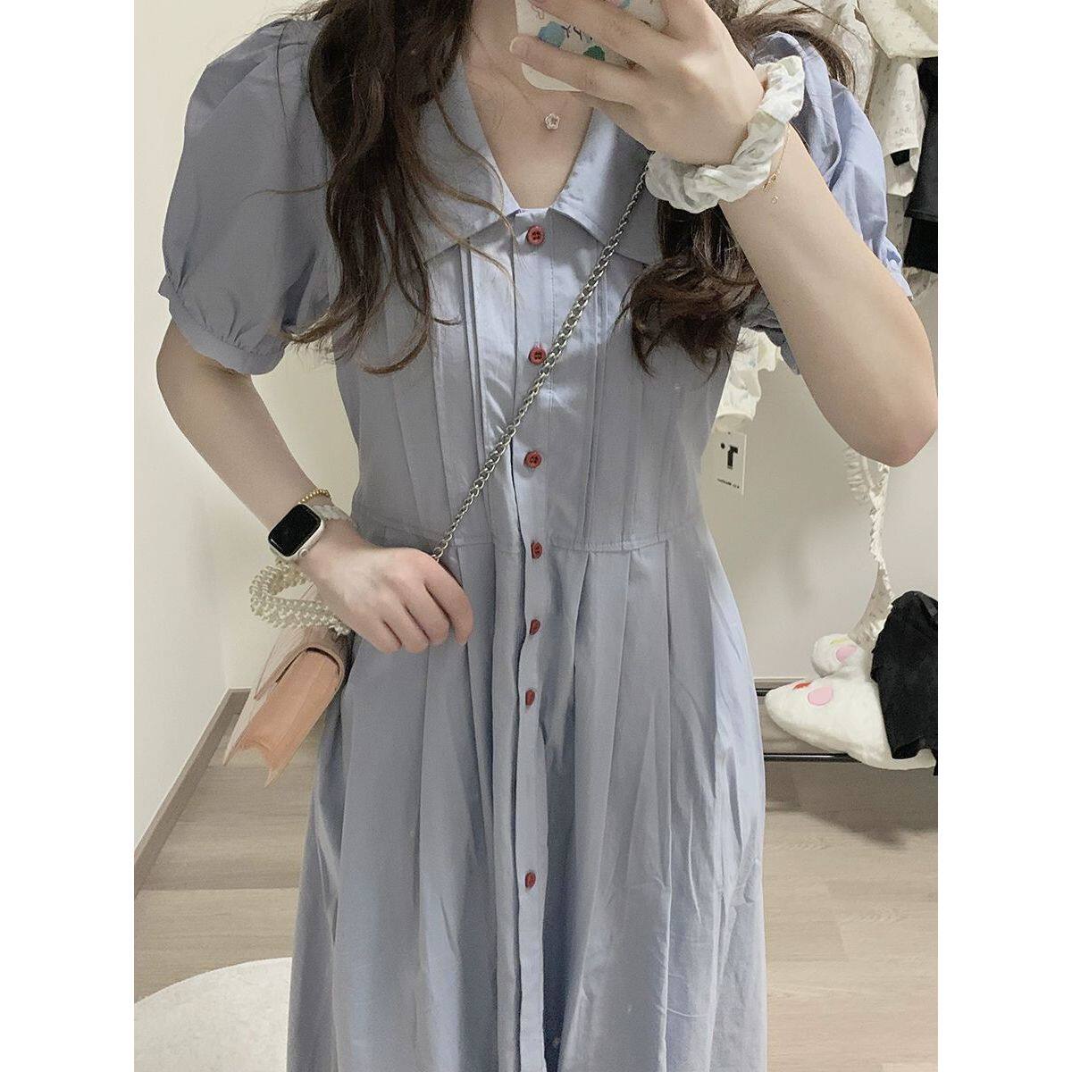 夏季显白蓝修身设计感遮肉翻领短袖长裙减龄小众超仙显瘦连衣裙