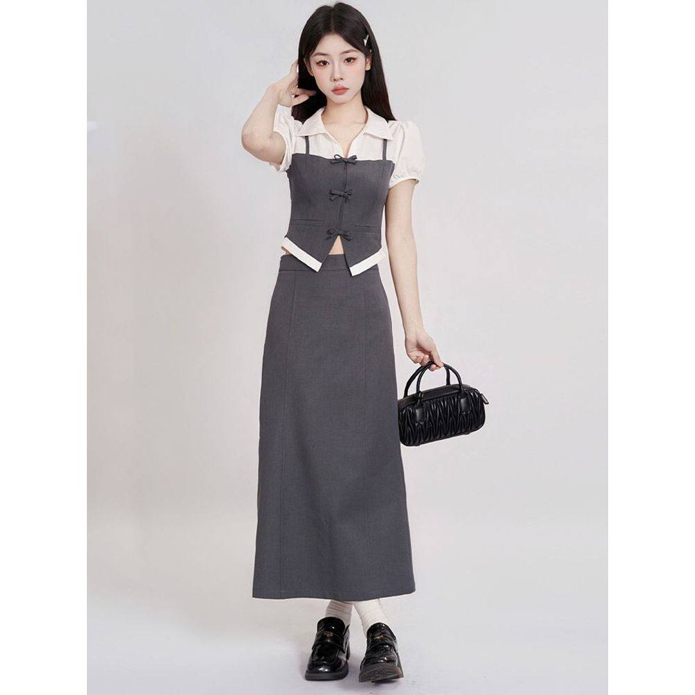 灰色撞色拼接蝴蝶结假两件上衣+长款半身裙气质两件套装女2025夏