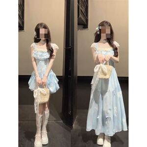 海蓝贝壳度假风少女甜美碎花抹胸小飞袖连衣裙两穿小众设计感长裙
