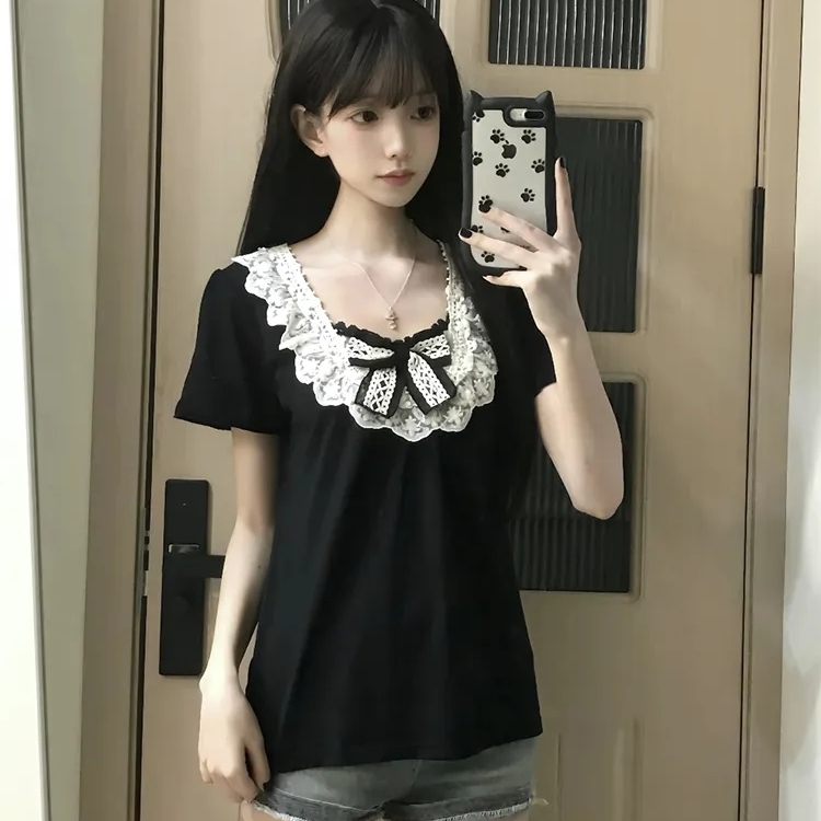 绝美漂亮减龄设计感小众独特别致上衣高级感黑色显瘦短袖T恤女夏