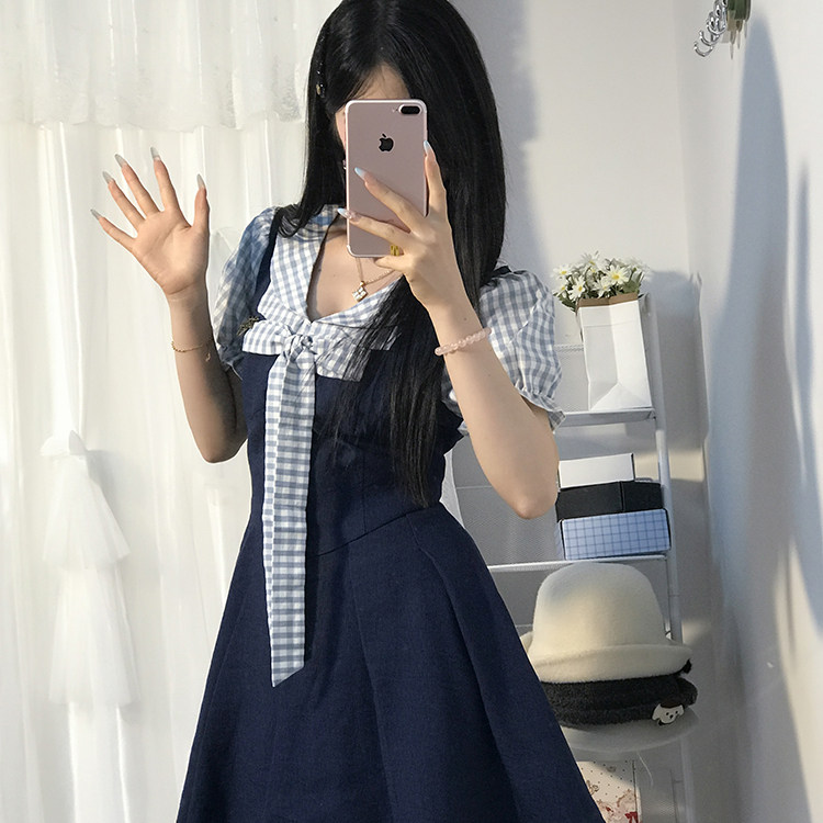 苍蓝篇章学院风甜美假两件格纹撞色连衣裙女夏季新款收腰短裙