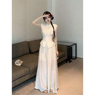 复古新中式套装女夏季禅意风重工蕾丝衬衫开叉阔腿长裤裙两件套装