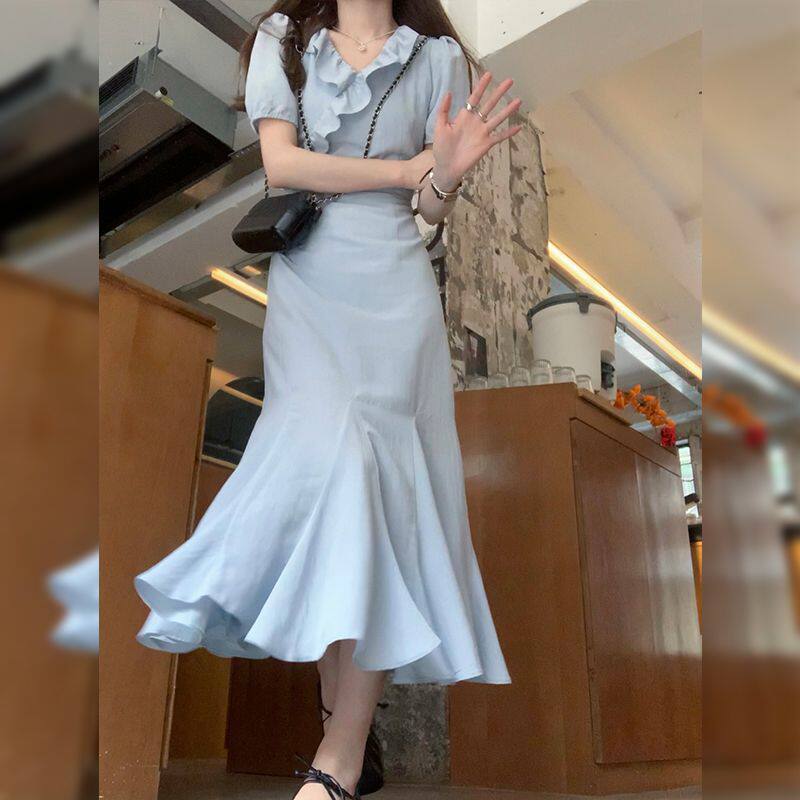 【人鱼公主】夏季初恋气质复古时尚温柔法式甜美短袖碎花连衣裙女