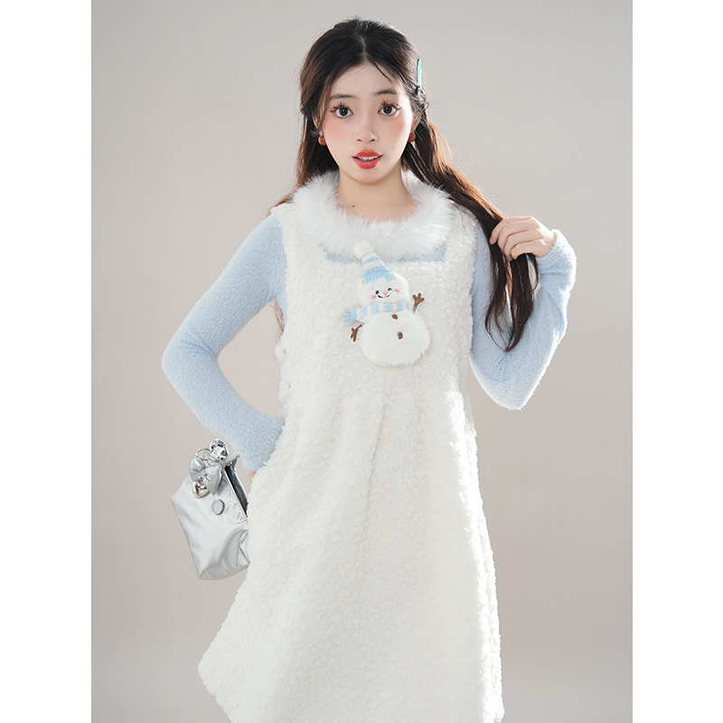 雪人羊羔绒背带裙+毛衣打底衫两件套2025年新款A字秋冬连衣裙套装