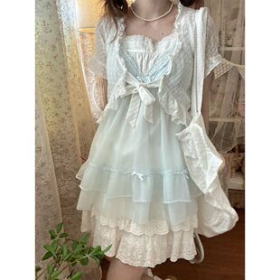 林间浮夏 夏 日系奈奈风设计感薄荷漫波Vintage古着感上衣短裙套装