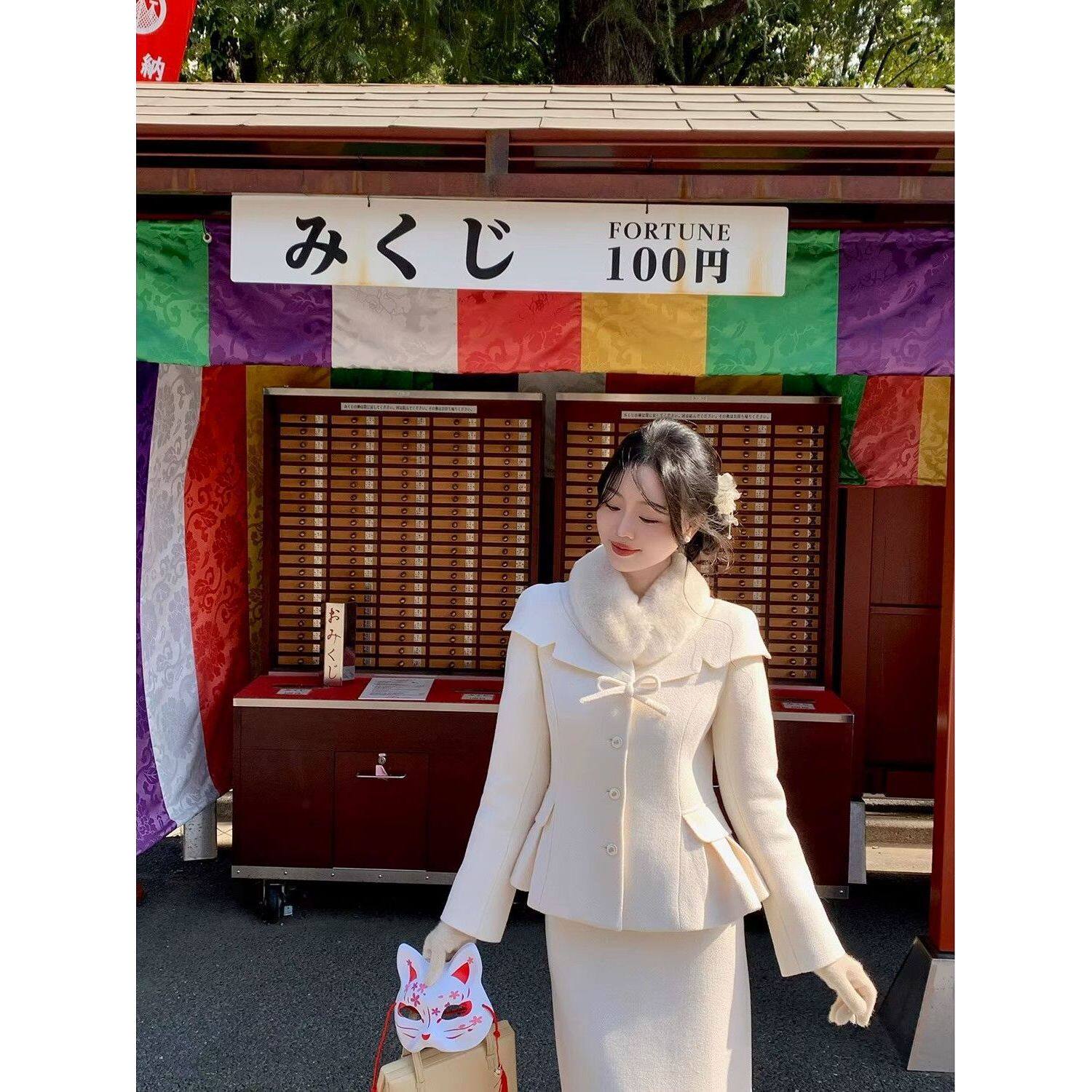 气质富家千金风奶白色小香毛领上衣+高腰半裙套装女2025秋冬新款