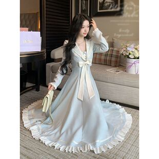 暖阳午后 清楚系温柔感气质淑女风蓝白撞色收腰显瘦女连衣裙长裙