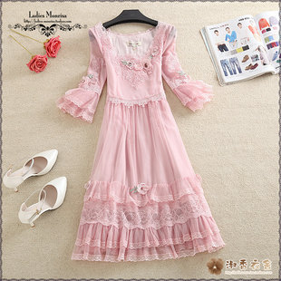 2025 весна женщины новый Мечтать лиза тонкий Шарик кружево рукав платье розовый платье мэри ветер