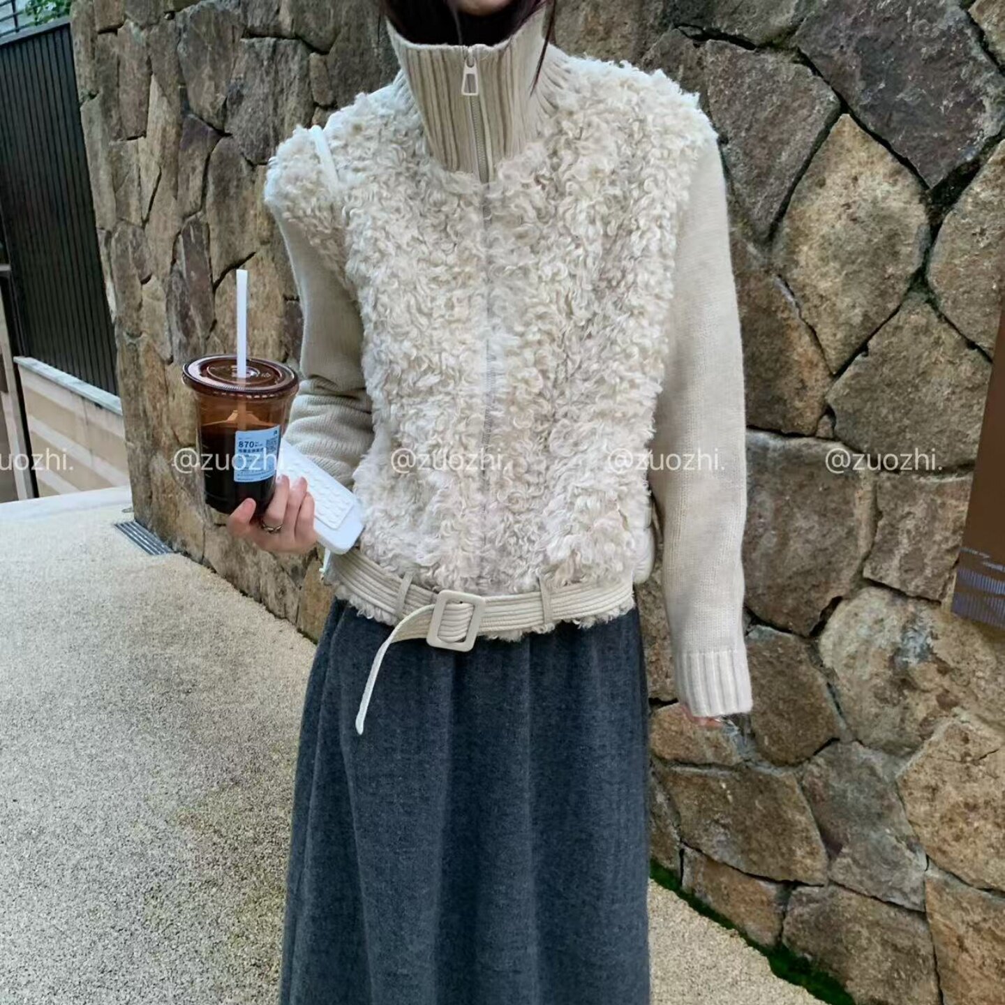 韩系羊羔毛拼接羽绒服女2026冬季立领针织袖短款90白鸭绒保暖外套