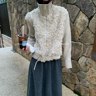韩系羊羔毛拼接羽绒服女2026冬季立领针织袖短款90白鸭绒保暖外套