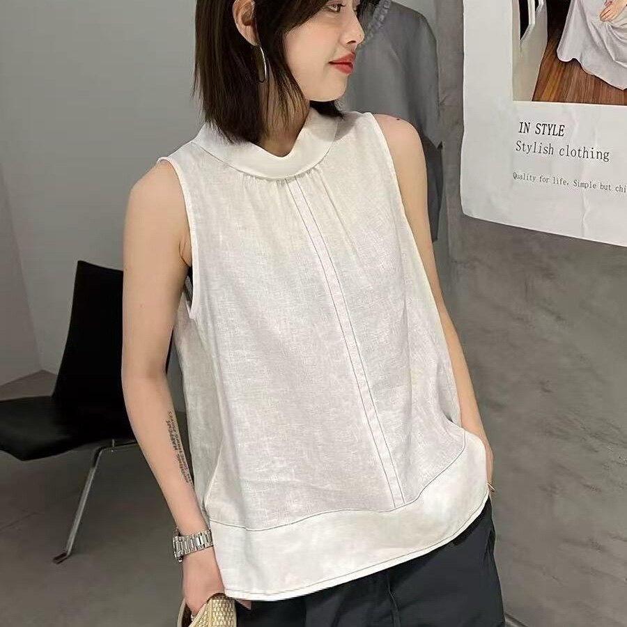 26YX112设计感明线100%亚麻无袖背心衬衫女夏季百搭洋气显瘦上衣