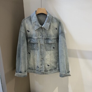 2026春季 宽松复古水洗翻领牛仔外套女设计感小马刺绣夹克上衣 新款