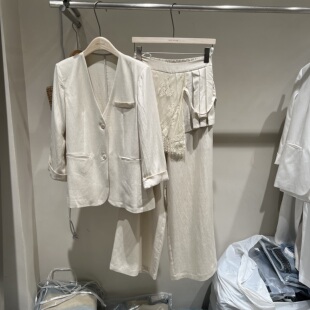 屁帘阔腿裤 高级感天丝亚麻西装 宽松V领西服 女2026春季 两件套 套装