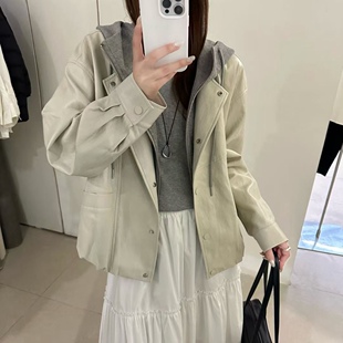 62W026韩系假两件连帽PU皮衣外套女2026春季 宽松显瘦夹克上衣 新款