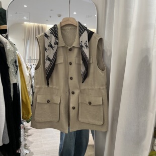 宽松休闲翻领配丝巾天丝亚麻工装 马甲背心外套女 新款 欧货2026春季