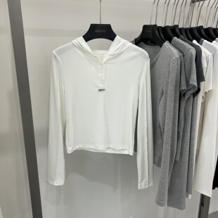 新款 百搭显瘦打底衫 韩版 T恤女修身 上衣潮 连帽半开扣长袖 2026春季