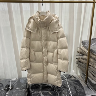 气质高端连帽长款缎面鹅绒服外套