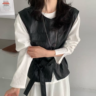 长袖 韩系气质收腰pu皮马甲 T恤两件套女叠穿显瘦上衣 新款 2026春季