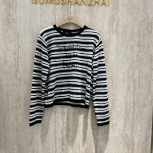 女百搭显瘦圆领长袖 字母刺绣撞色条纹针织衫 上衣 新款 欧货2026春季