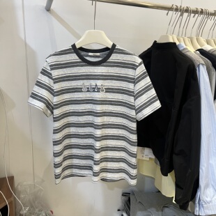 刺绣条纹短袖 韩版 T恤女洋气百搭显瘦圆领上衣 2026春夏新款 W.T正品