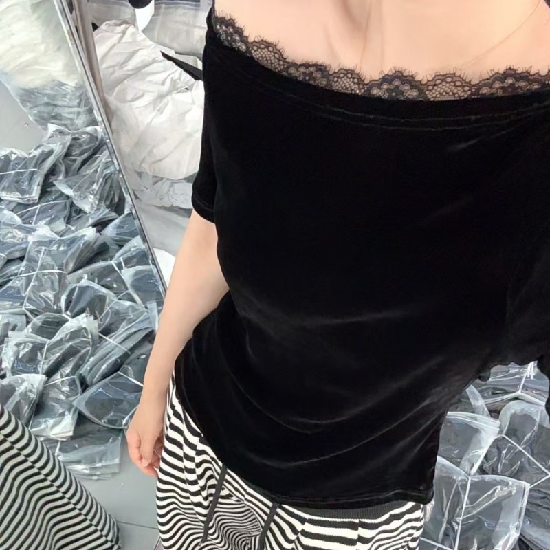 蕾丝花边斜肩丝绒短袖T恤上衣女