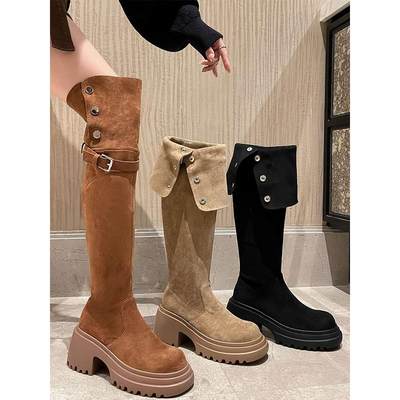 令戈工作室复古西部靴女冬加绒过膝长靴棕色长筒靴雪地靴骑士靴子