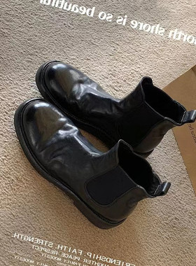 水洗马皮褶皱粗跟厚底烟筒弹力靴子切尔西短靴女