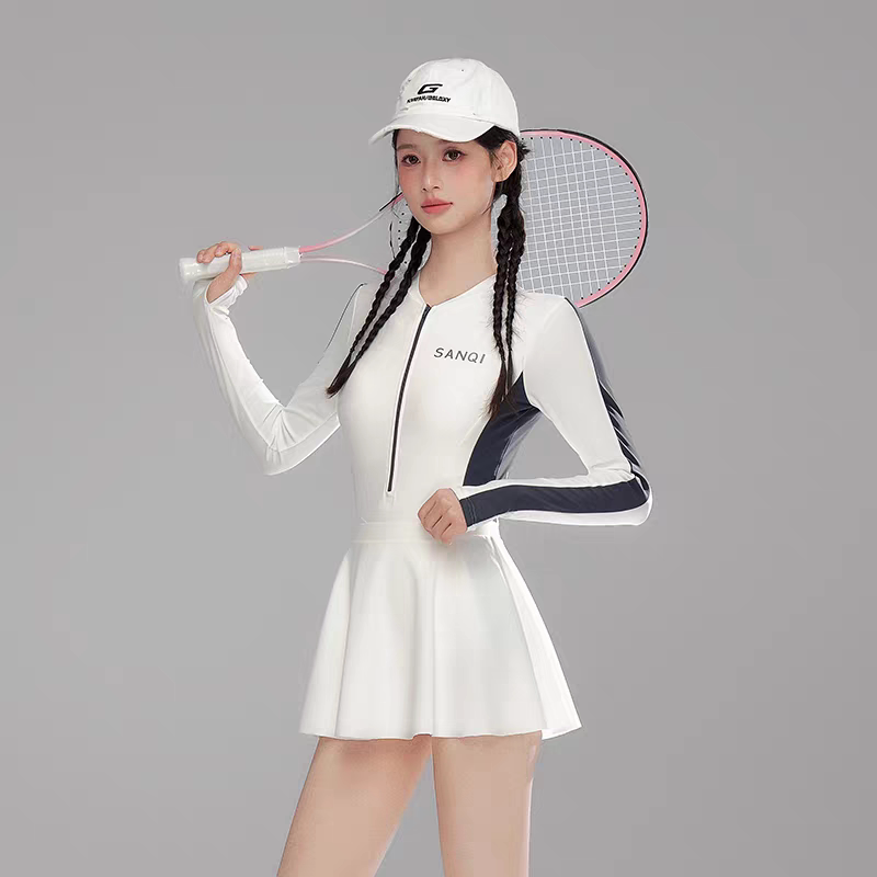 2026新款长袖连体裙式两件套冲浪防晒泳衣女运动修身显瘦遮肚泳装
