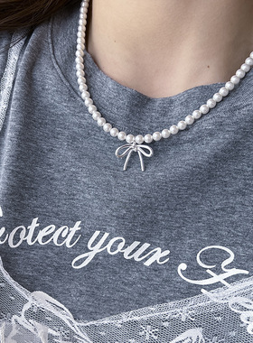 法国cherry kitty珍珠蝴蝶结项链女s925银气甜美公主风财阀千金