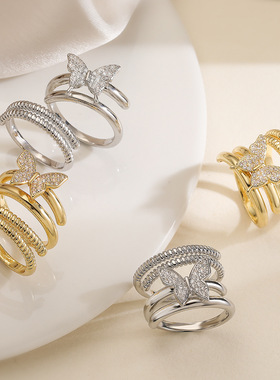 法国cherry kitty 时尚轻奢铜镀锆石蝴蝶开口戒指女小众甜美双层