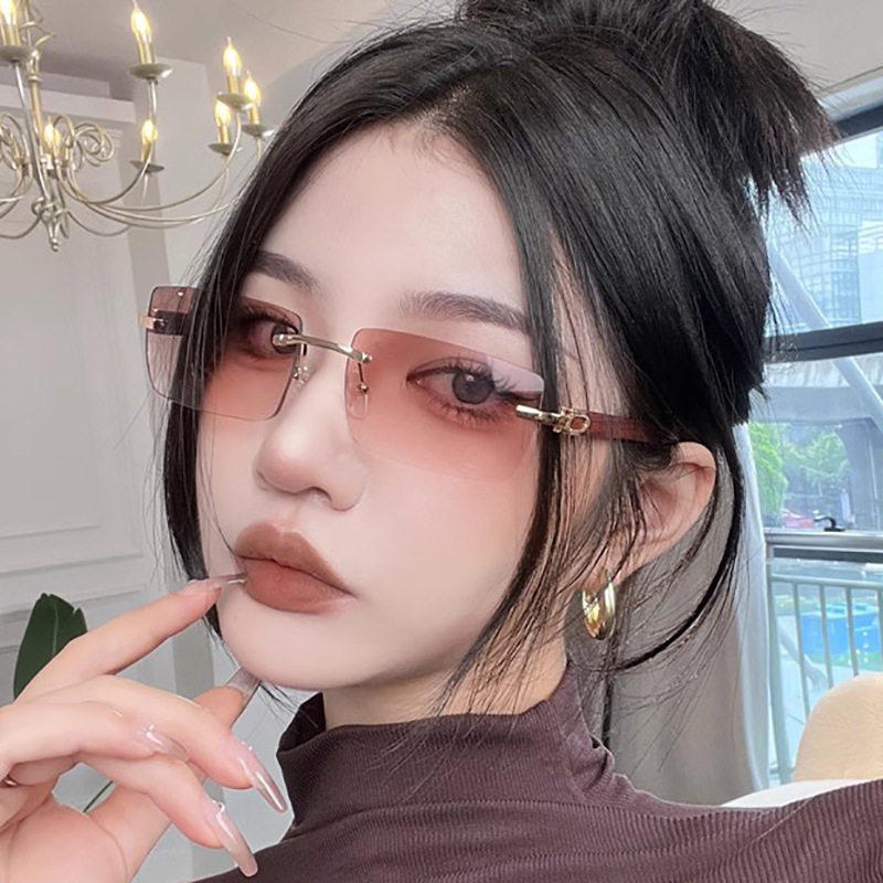 法国cherry kitty复古方形无框太阳镜女士木纹腿文艺风墨镜素颜