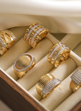 法国cherry kitty 欧美ins风简约轻奢双色电镀锆石几何开口戒指