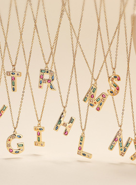法国cherry kitty 铜镀18k金镶彩锆26个英文字母吊坠项链女百搭