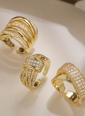 法国cherry kitty 欧美时尚轻奢双色电镀锆石几何开口戒指女小众