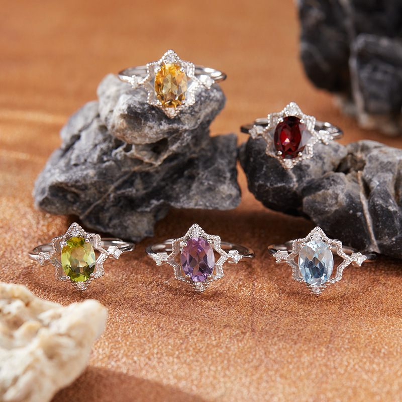 法国cherry kitty彩宝石榴石托帕石橄榄石紫黄水晶戒指女s925银