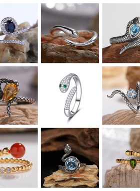 法国cherry kittys925银蛇戒指男女情侣戒彩宝灵蛇食指戒小众轻奢