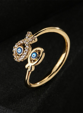 法国cherry kitty  滴油恶魔之眼指环 铜镀双鱼设计几何开口戒指