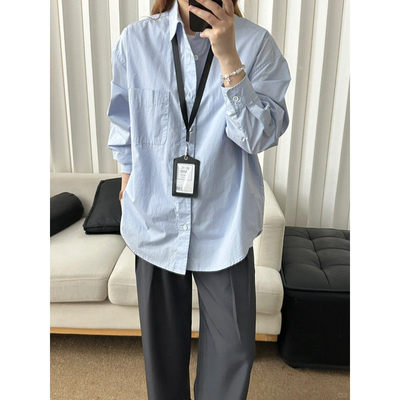 纯色浅蓝色长袖全棉衬衫纯棉衬衫男女同款上班通勤工作服男女情侣