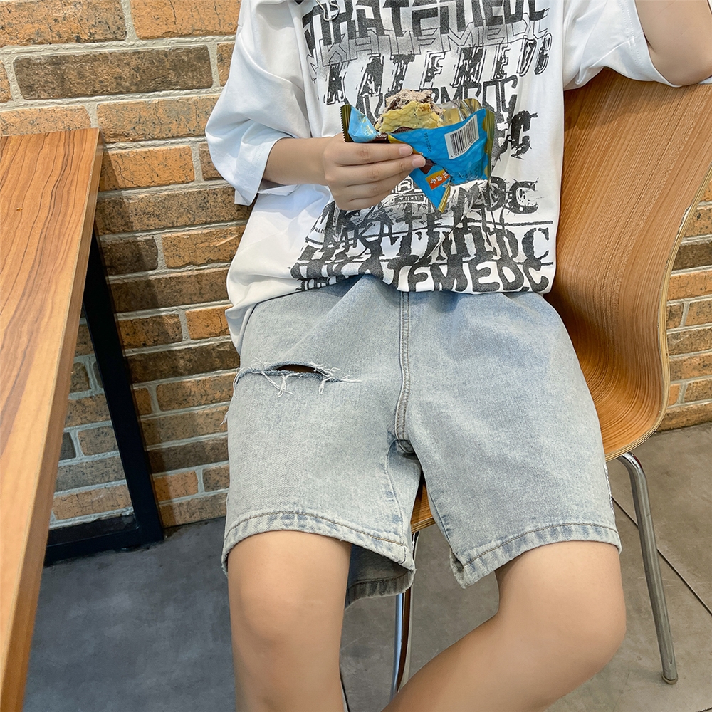 BDLS工作室文艺男女店港风情侣款夏季破洞牛仔短裤五分裤男女情侣
